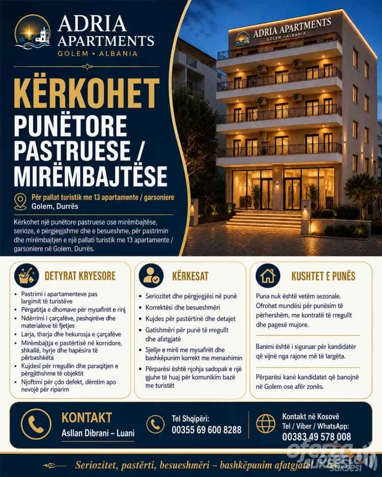 KËRKOHET PUNËTORE PASTRUESE / MIRËMBAJTËSE — fotografia 1